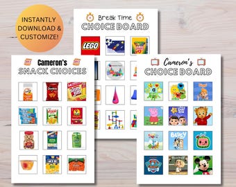 Customizable Choice Board Bundle; TV; Snack;  Break Time; Sensory; Communication Board; AAC