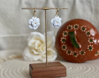 White Flower Dangle Earrings, Clay Earrings