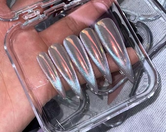 Unghie finte lunghe a stiletto effetto cromo argentato: unghie a punta in gel con glitter effetto occhio di gatto alla francese