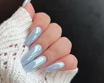 Chrome Aurora Press On Nails: Baby Blue Glazed Donut Nails Reusable