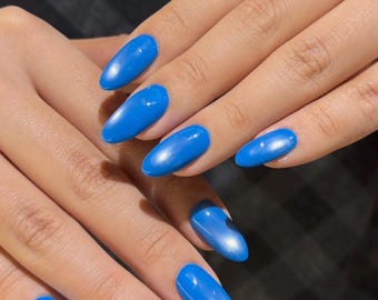 Sea Blue Cat Eye Gel Shiny Glitter Gloosy Handmade Almond Press on Nails