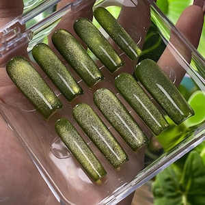 Green Glitter Press On Nails: Long Square Handmade False Nails