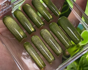 Spring-Shiny Green glitter nails handmade long square nails|fake nails|holiday nails gift for her|glossy nails nails|Nails Glue on