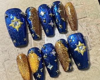 Luxury Rhinestone Press On Nails: Blue Cat Eye Glitter, Gem Wedding Nails