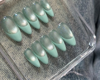 Mint Green French Tip Press On Nails | Cat Eye Glitter Almond Nails