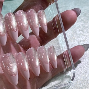 Pink pop-shiny glitter pink nails handmade almond nails|fake nails|pink french tip nails gift for her|glossy nails wedding nails