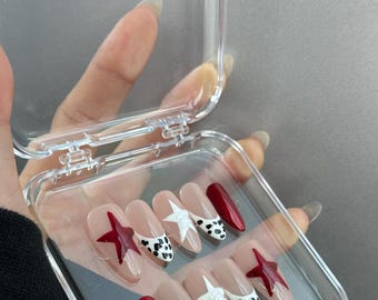 Red Glitter Y2K Star Press On Nails | Almond Leopard French Tip Gel Nails