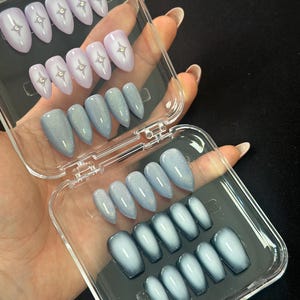 Regenbogen Glitter Katzenauge Gel Press On Nägel: Baby Blaue Spitze Glänzende Stiletto Nägel Bild 15