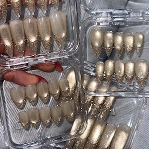Golden Glitter Gel Shiny Cat Eye Gel French Tip Long Stiletto Press on Nails image 6