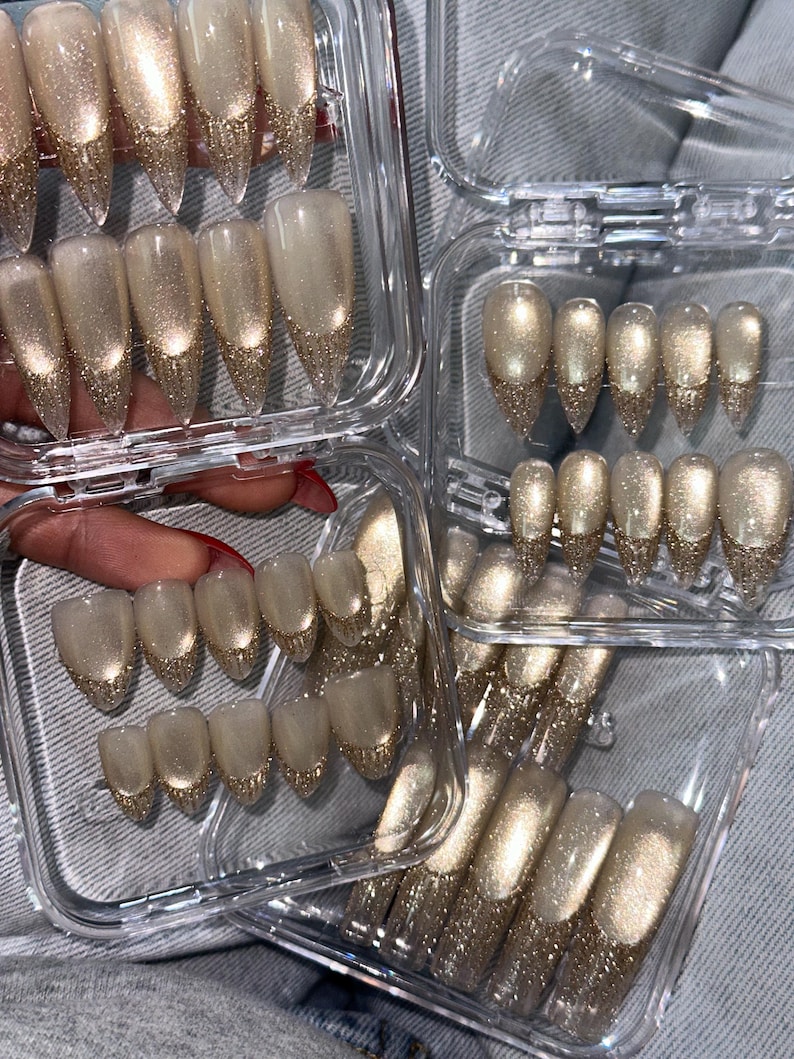 Golden Glitter Gel Shiny Cat Eye Gel French Tip Long Stiletto Press on Nails image 6