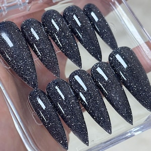Black Stars-black shiny glitter glossy nails,handmade press on nails,ponity fake nails,glue on nails Trendy Chic Gel Nails Goth dark nails