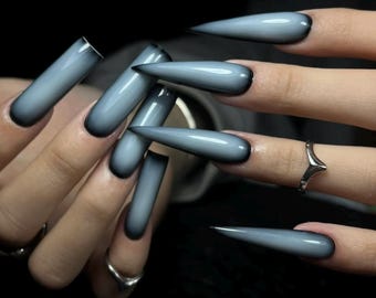 Blue gray Aurora Ombre Stiletto Press On Nails sexy black Goth Gel Pointy Nails