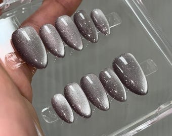 Glitter Silver Cat Eye Press On Nails: Handmade Almond False Nails