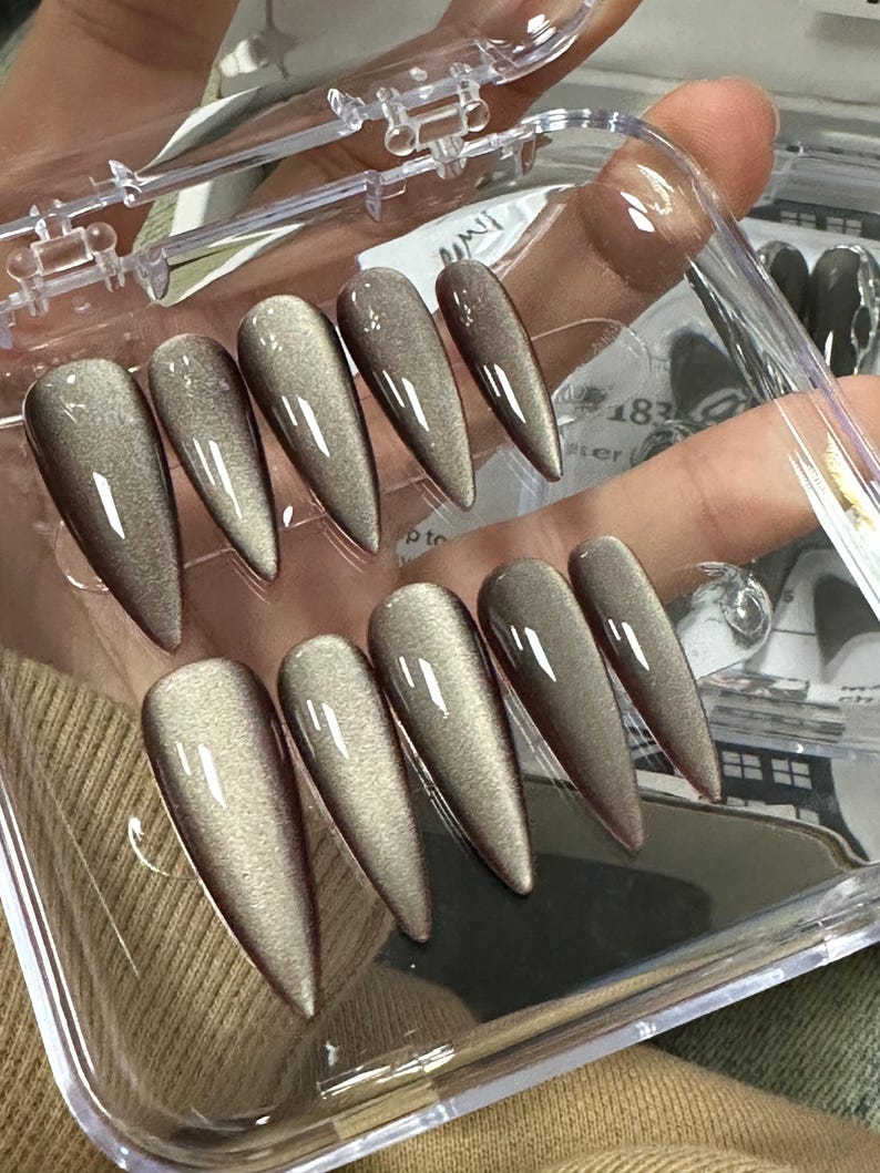 Peut inclure: Un &eacute;tui en plastique transparent contenant 10 faux ongles longs, pointus, brun et or. Les ongles sont dispos&eacute;s en deux rang&eacute;es.