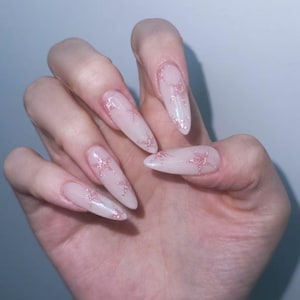 Pink Starfish Press On Nails: Glitter Almond Y2K False Nails