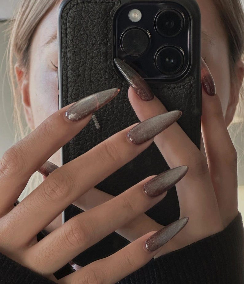 Peut inclure: Gros plan sur des ongles longs et pointus, ombr&eacute;s avec un d&eacute;grad&eacute; de paillettes argent&eacute;es. Les ongles sont peints d'une base brun fonc&eacute; qui s'estompe en argent clair aux extr&eacute;mit&eacute;s.