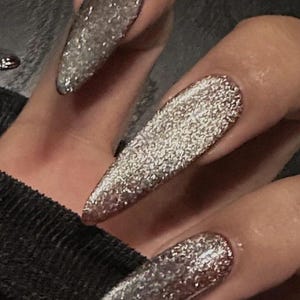 Peut inclure: Gros plan sur des ongles longs et pointus avec un vernis &agrave; ongles ombr&eacute; argent&eacute; paillet&eacute;. Les ongles sont peints avec un d&eacute;grad&eacute; de paillettes argent&eacute;es, partant d'une teinte plus fonc&eacute;e &agrave; la base et s'estompant vers une teinte plus claire &agrave; la pointe.