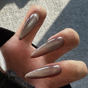 Peut inclure: Gros plan sur une main avec de longs ongles en forme de stiletto peints avec un vernis &agrave; paillettes argent&eacute; iris&eacute; chatoyant.