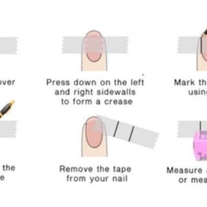May include: A step-by-step guide for nail measurement. The image shows six steps: placing tape, pressing sidewalls, marking sides, removing tape, and measuring with a ruler. Text instructions are included.