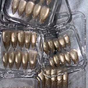 Golden Glitter Gel Shiny Cat Eye Gel French Tip Long Stiletto Press on Nails image 5