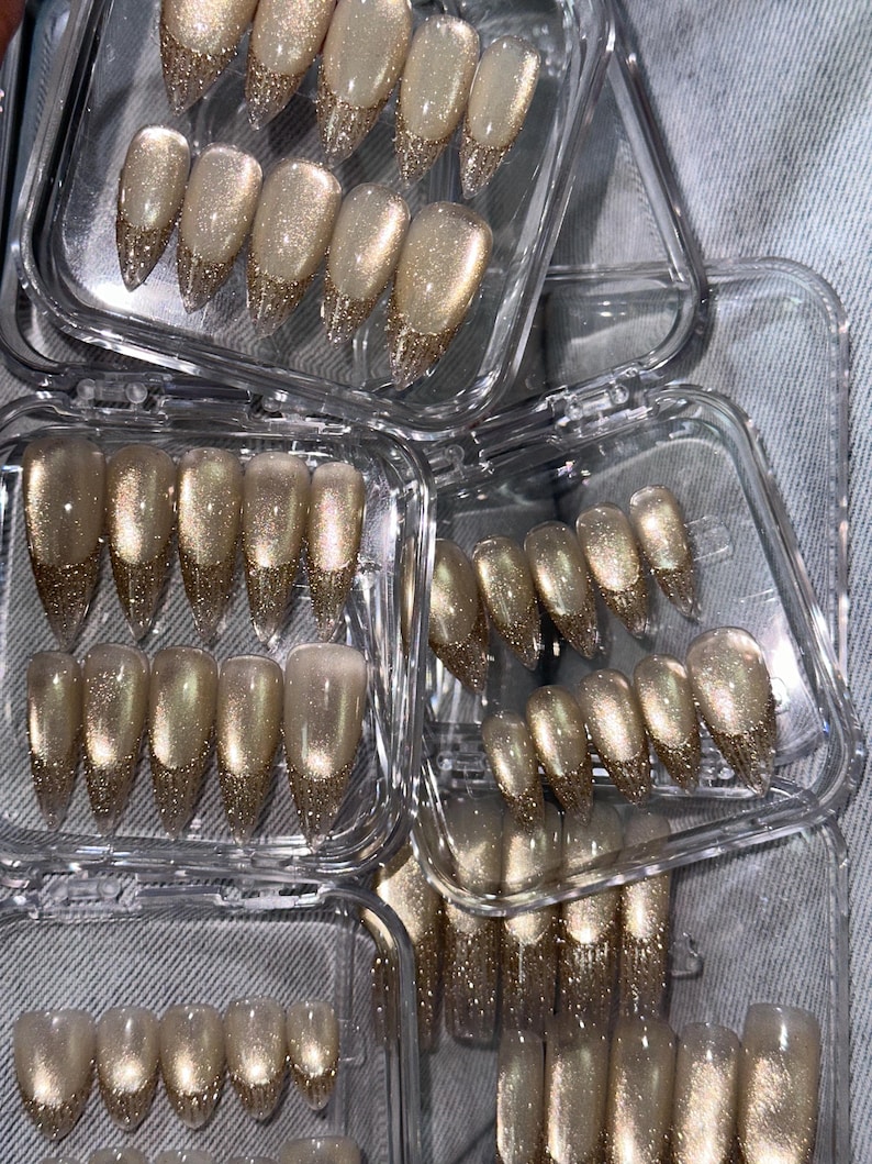 Golden Glitter Gel Shiny Cat Eye Gel French Tip Long Stiletto Press on Nails image 5
