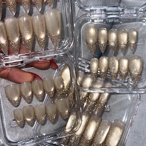 Golden Glitter Gel Shiny Cat Eye Gel French Tip Long Stiletto Press on Nails image 3