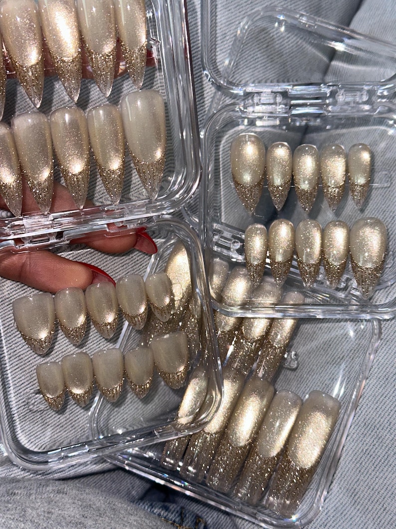Golden Glitter Gel Shiny Cat Eye Gel French Tip Long Stiletto Press on Nails image 3