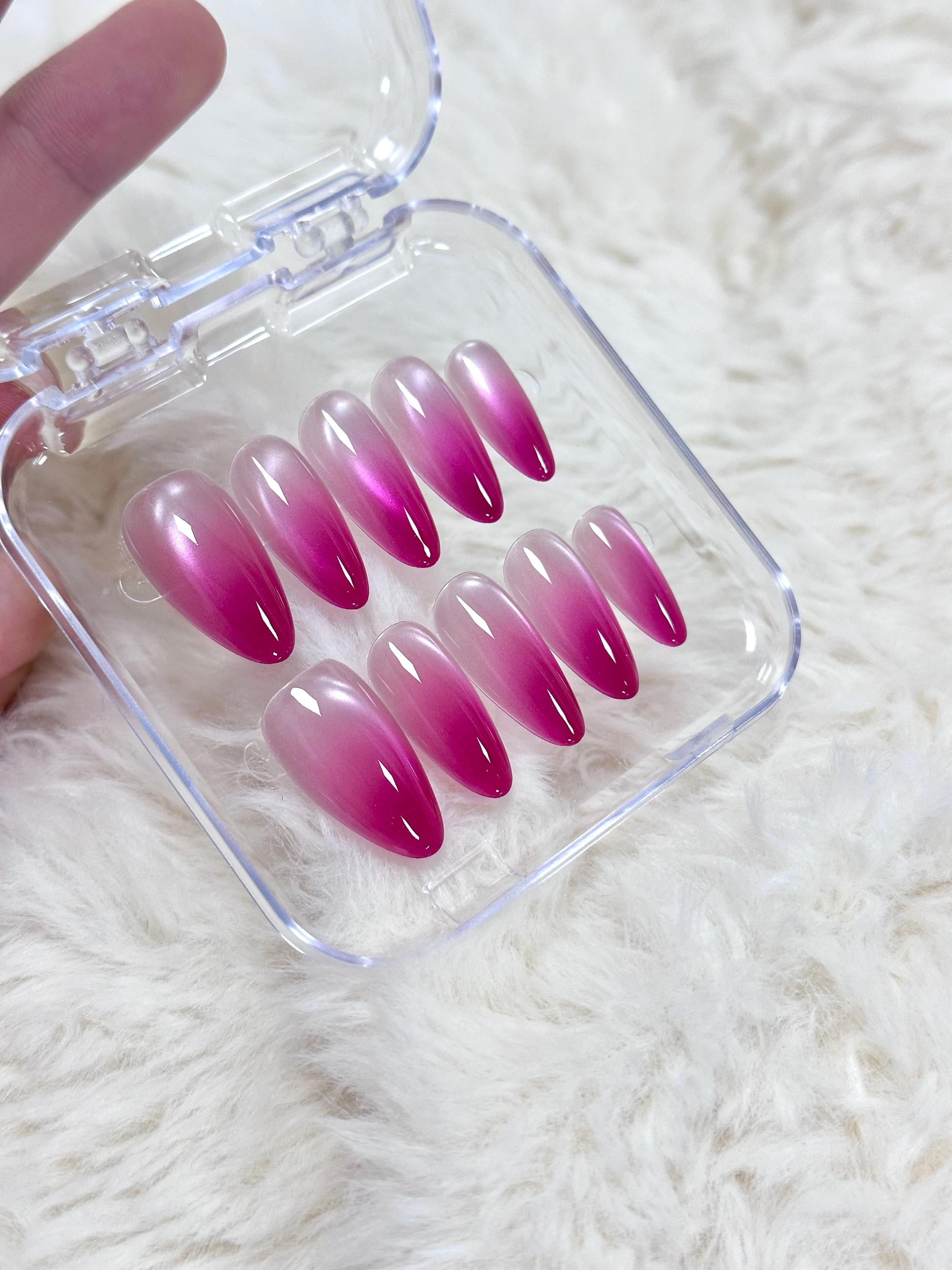 Shiny Cat Eye Hot Pink Press On Nails: Almond Holiday Nails