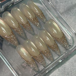 Golden Glitter Gel Shiny Cat Eye Gel French Tip Long Stiletto Press on Nails image 7