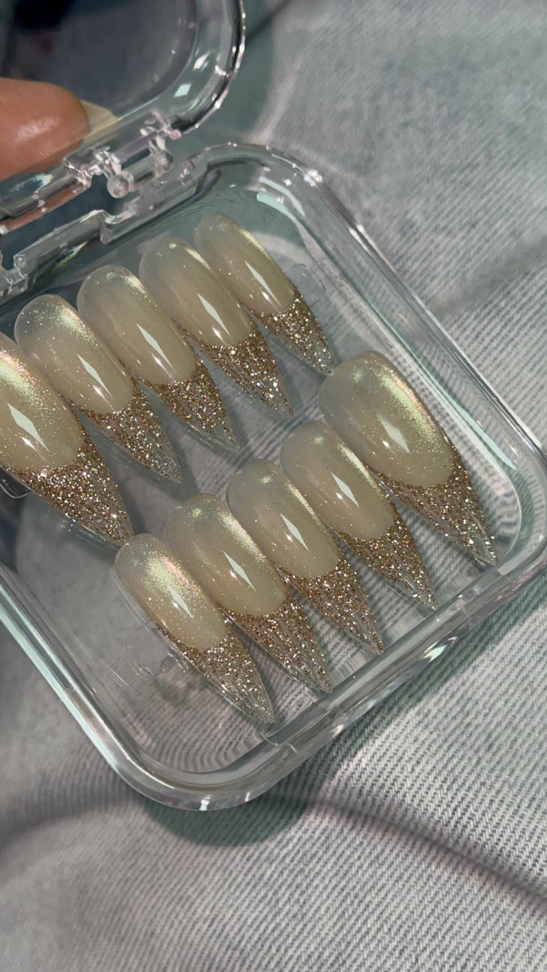 Golden Glitter Gel Shiny Cat Eye Gel French Tip Long Stiletto Press on Nails image 7