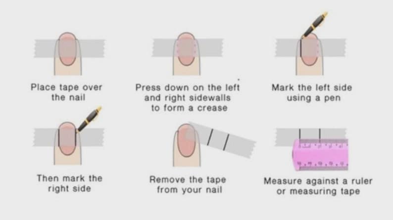 K&ouml;nnte beinhalten: Eine sechsteilige Anleitungsgrafik, die zeigt, wie man einen Fingernagel mit Klebeband, einem Stift und einem Lineal misst. Die Schritte umfassen das Aufkleben des Bandes, das Markieren der Seiten mit einem Stift, das Abziehen des Bandes und das Messen des Abstands zwischen den Markierungen mit einem Lineal.