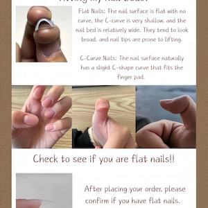 May include: Informative graphic explaining the difference between flat and C-curve nails for press-on application. Text includes "Why my press-on nails not fitting my nail beds?" and "Check to see if you are flat nails!!"