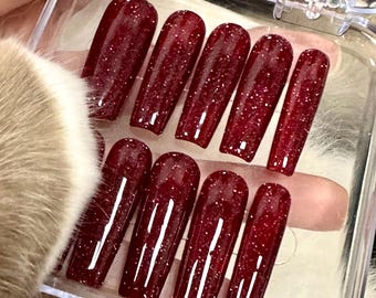 Twinkle wine-shiny glitter red gel nails handmade xlong square nails|fake nails|holiday nails gift for her|glossy nails niche lucky nails