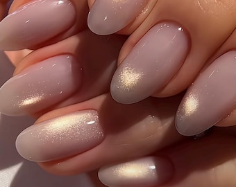 Highlight-Clean white cat eye glitter gel nails|handmade press on nails|classic almond golden shiny glossy nails|wedding nails|gift for her