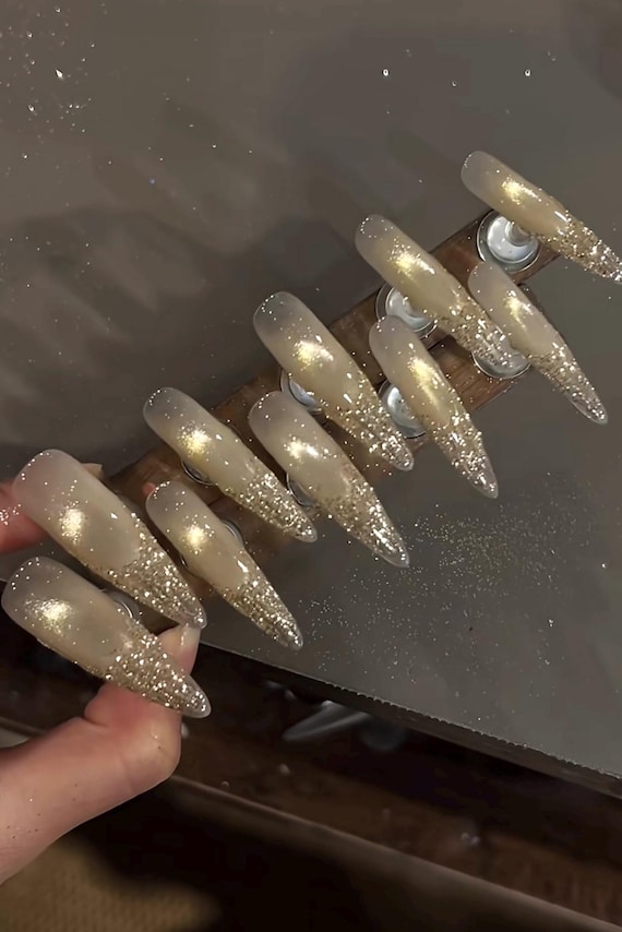 Golden Glitter Gel Shiny Cat Eye Gel French Tip Long Stiletto Press on Nails