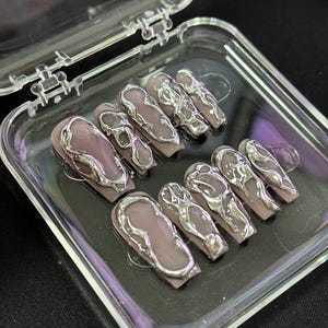 Chrome Silver Press On Nails: Handmade Punk Gothic Y2K Style