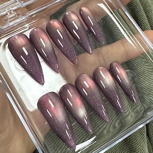 Améthyste oeil de chat paillettes à presser sur les ongles violet rose Faux ongles