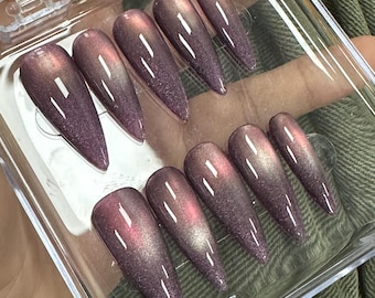 Améthyste oeil de chat paillettes à presser sur les ongles violet rose Faux ongles