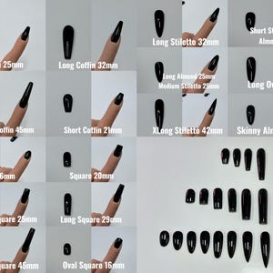 May include: A collection of black press-on nails in various shapes and lengths, including coffin, stiletto, oval, and square. Sizes range from 16mm to 45mm. The image displays different nail styles and lengths.