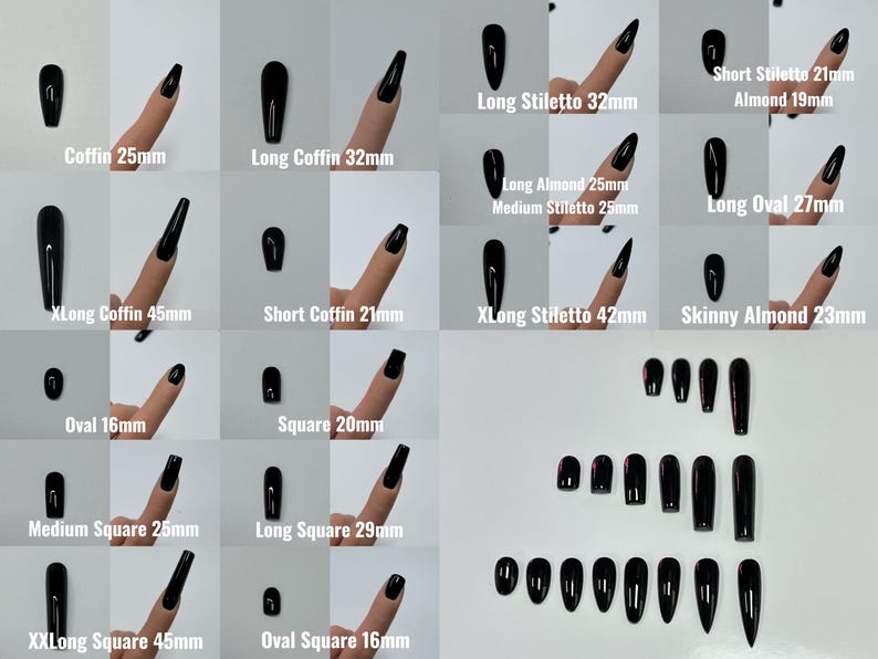 May include: A collection of black press-on nails in various shapes and lengths, including coffin, stiletto, oval, and square. Sizes range from 16mm to 45mm. The image displays different nail styles and lengths.