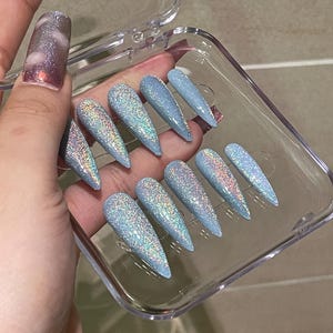 Rainbow blue-baby blue glitter gel nails|handmade press on nails| pointy shiny glossy nails|wedding nails|gift for her