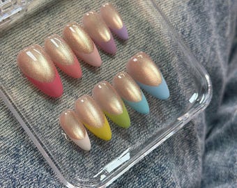 Glitter Cat Eye Press On Nails: Pink French Tip Almond Nails