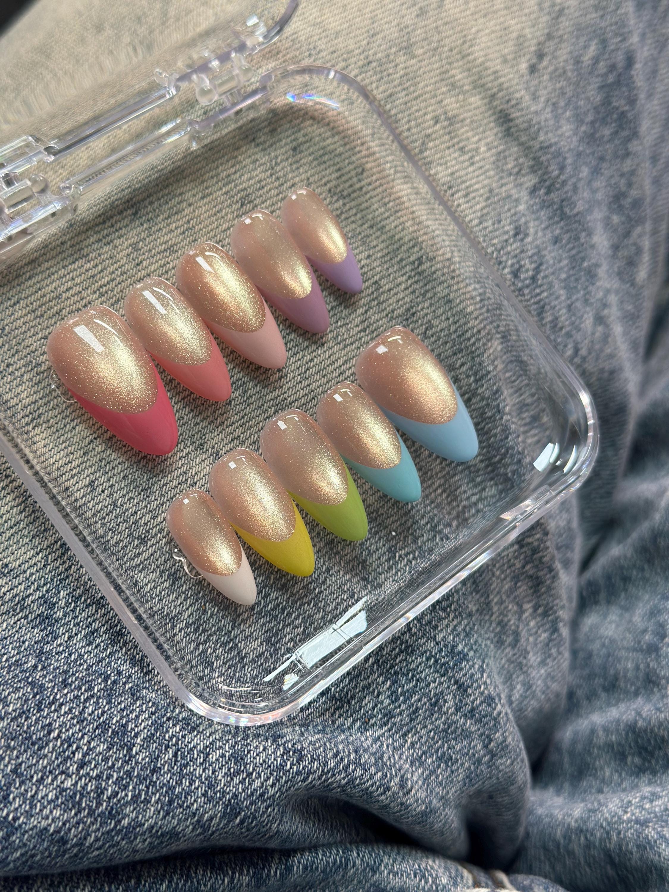 Candy sweet-Shiny gold glitter cat eye gel nails handmade almond nails|cute press on nails|pink french tip glossy nails blue green nails