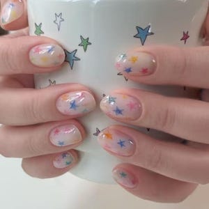 Stars-cute milky white nais colorful cute stars kawai press on nails,short almond nails|y2k nails