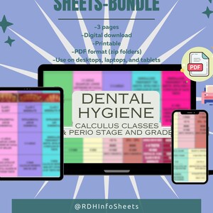May include: A digital download of dental hygiene reference sheets for calculus classes and periodontal staging. The sheets are organized in a grid format with colorful headings and text. The image shows a laptop, tablet, and smartphone displaying the sheets. The text "DENTAL HYGIENE" is displayed in a large font on the laptop screen. The text "@RDHInfoSheets" is displayed at the bottom of the image.