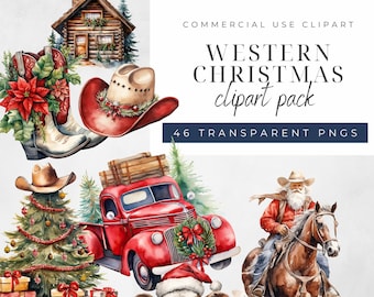 Aquarell Western Weihnachts Clipart: Cowboy Santa PNGs (46 Dateien)
