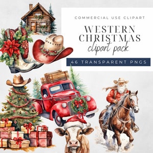 Aquarell Western Christmas Clipart Pack - Western Weihnachtsmann - Cowboy Santa PNGs, transparenter Hintergrund, 300 DPI, Wilder Westen Weihnachten Clip Art