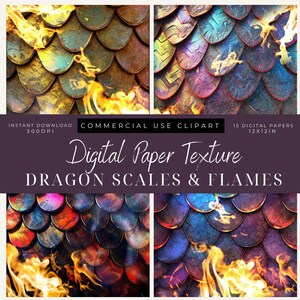 Pode incluir: Textura de papel digital com um padrão de escamas de dragão com chamas em tons de vermelho, laranja, amarelo, azul e roxo. A textura é perfeita para criar artesanato e designs de temática fantástica.