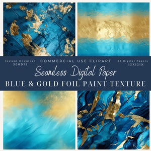 Blue & Gold Foil Paint Seamless Digital Paper Clipart-Commercial use-patterns-Scrapbook-background art-texture-Royal blue- Navy-Metallic