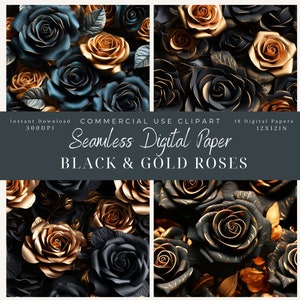 Black & Gold Roses Seamless Digital Paper, Gothic Rose Floral Patterns-rose backgrounds, Commercial Use, wedding, Gothic roses, background